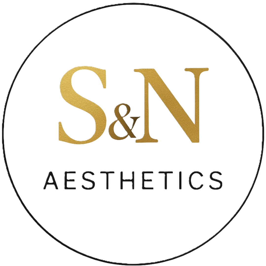 Logo with gold letters 'S&N' above the word 'AESTHETICS' in black, enclosed in a thin black circle.